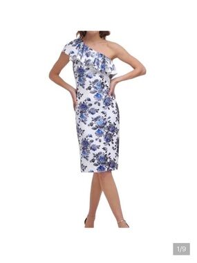 NWT Eliza J One-Shoulder Blue Floral Sheath Dress